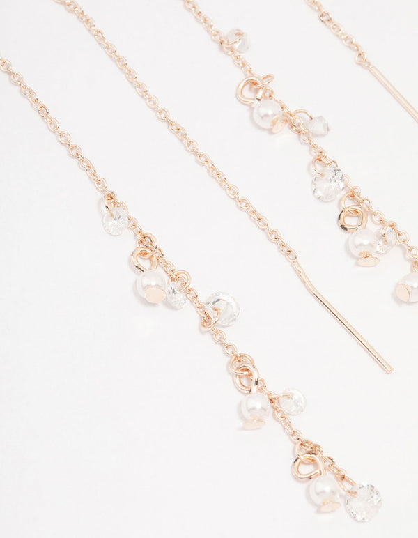 Rose Gold Plated Mini Pearl & Crystal Threader Drop Earrings