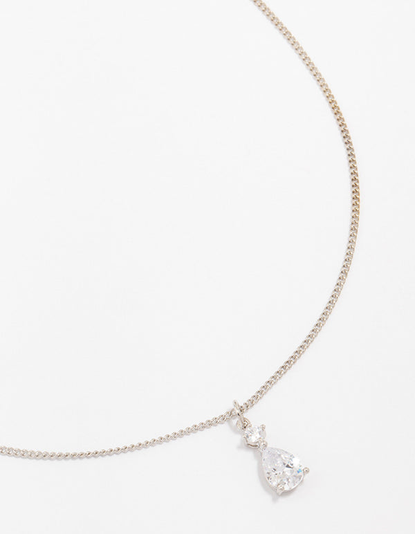 Silver Cubic Zirconia Pear Pendant Necklace