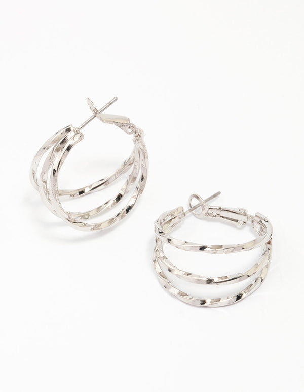 Silver Triple Row Smooth Hoop Earrings