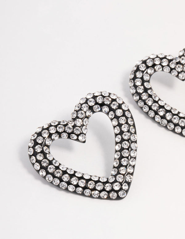 Gunmetal Diamante Heart Stud Earrings
