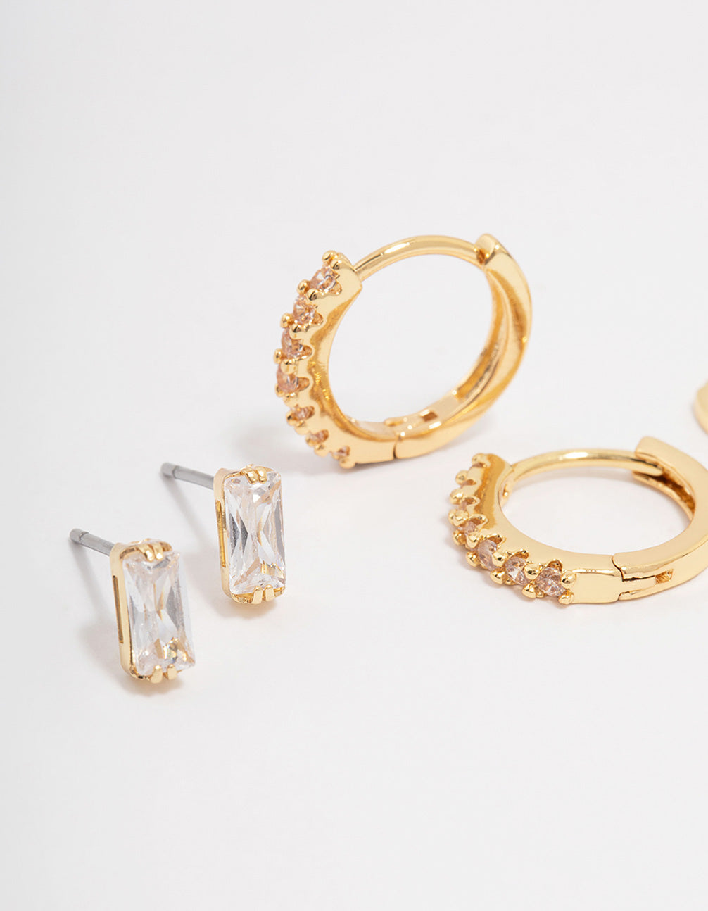 Gold Plated Brass Baguette Stud & Huggie Earring 3-Pack
