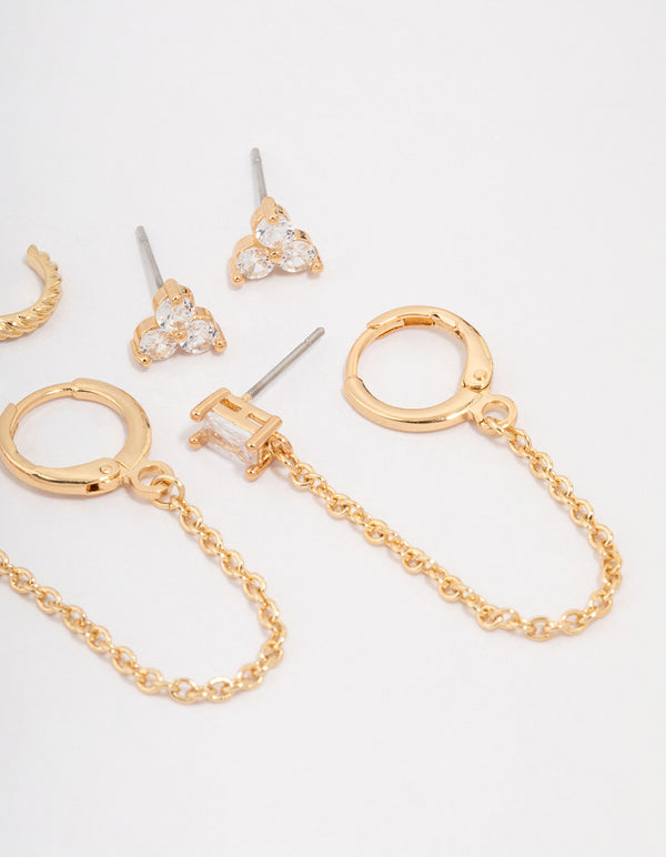 Gold Plated Brass Baguette Chain Flower Earring 4-Pack