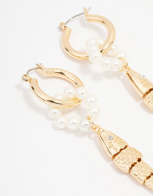 Gold Pearl Textured Fish Drop Earrings