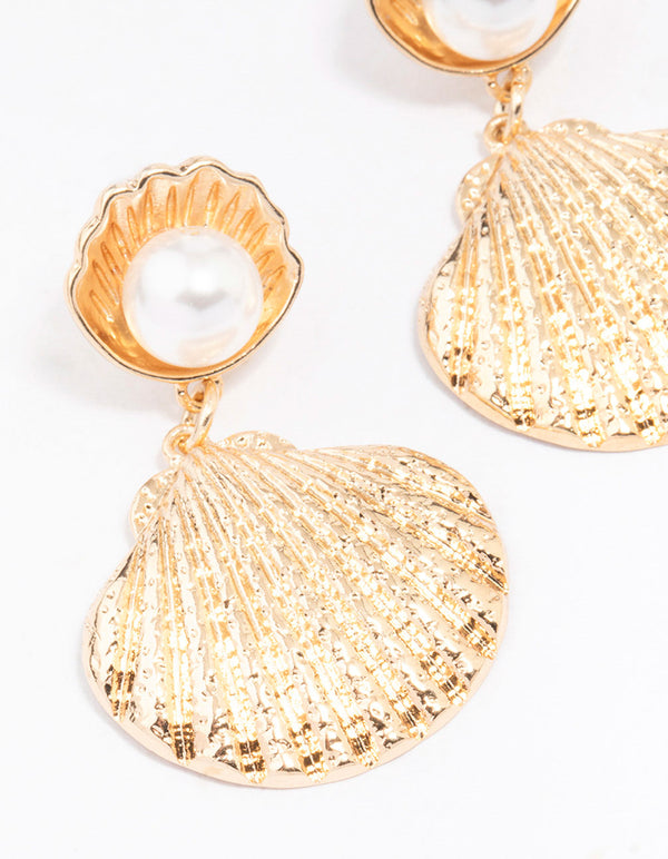 Gold Shell & Pearl Drop Earrings