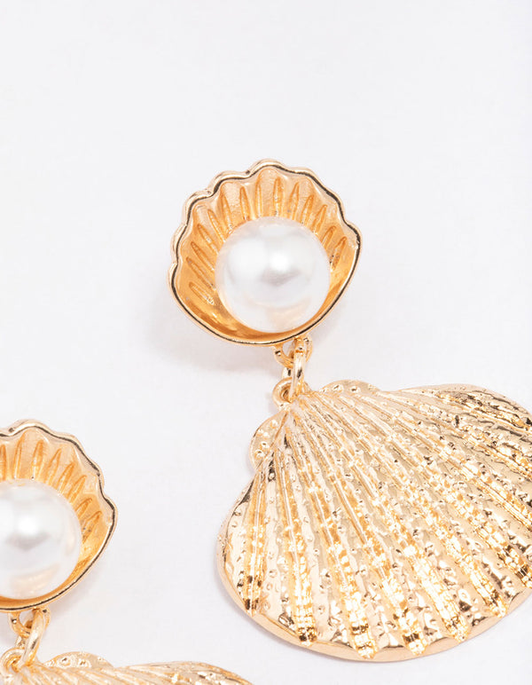Gold Shell & Pearl Drop Earrings