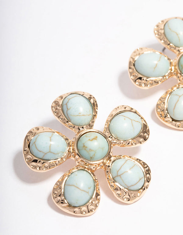 Gold Large Flower Beaded Stud Earrings