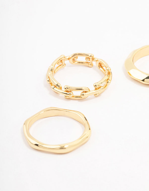 Showcasing gold plated chain link stacking ring 3-pack close up view
