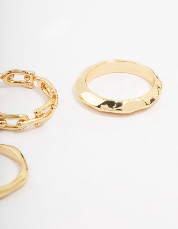 Showcasing gold plated chain link stacking ring 3-pack close up view