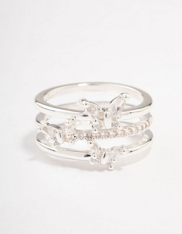 Showcasing silver plated butterfly band ring with detailed close up view