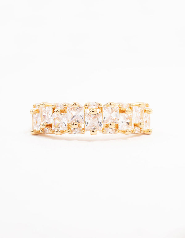 Elegant gold plated staggered cubic zirconia band ring featuring dainty craftsmanship in front view