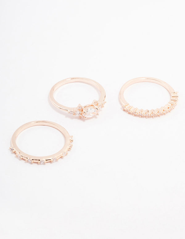 Showcasing rose gold marquise stacking ring in a 3-pack front view