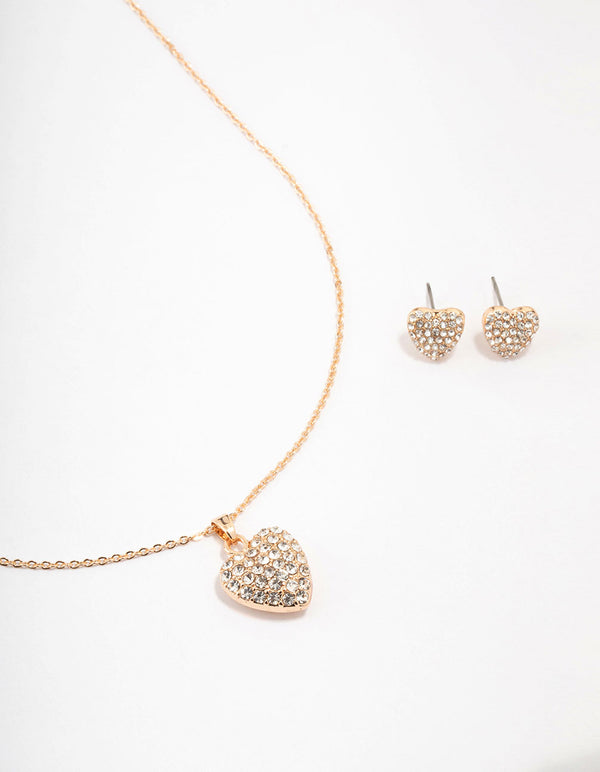 Gold Cubic Zirconia Diamante Heart Necklace & Stud Earrings Set