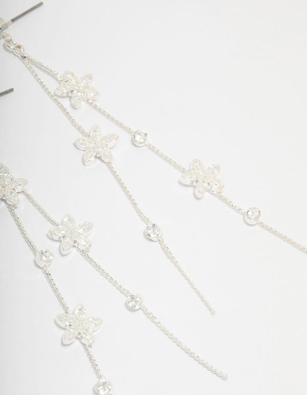 Silver Cubic Zirconia Flower Waterfall Drop Earrings