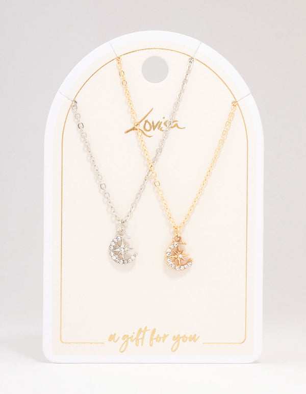 Gold & Silver Half Moon Diamante Pendant Necklace Pack