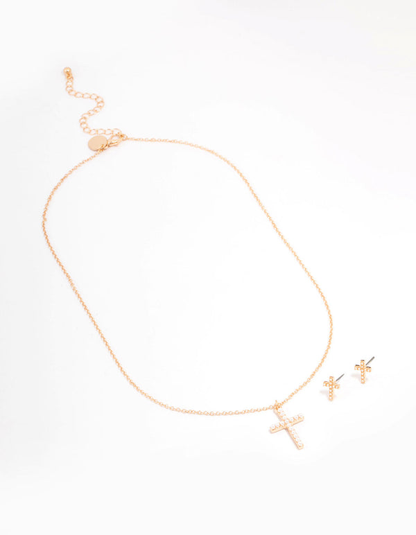Gold Pearl Cross Jewellery Set