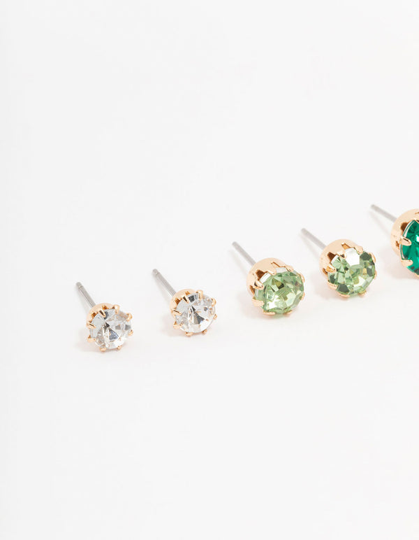 Gold Green Diamante Stud Earrings 3-Pack