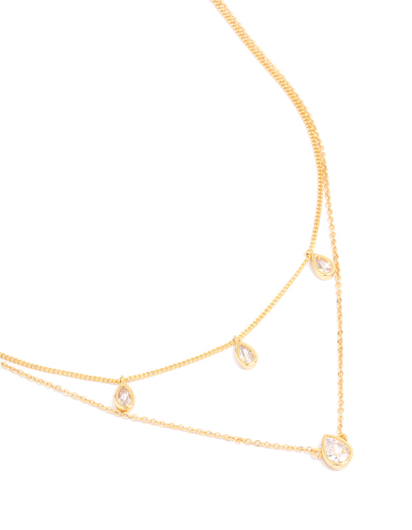 Gold Plated Brass Cubic Zirconia Teardrop Layered Necklace