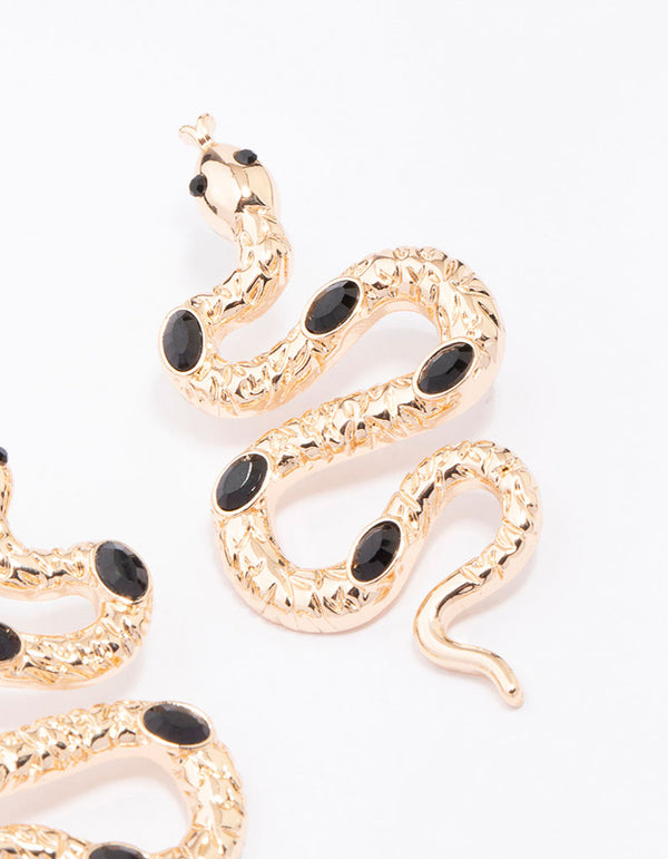 Gold & Black Stone Snake Drop Earrings