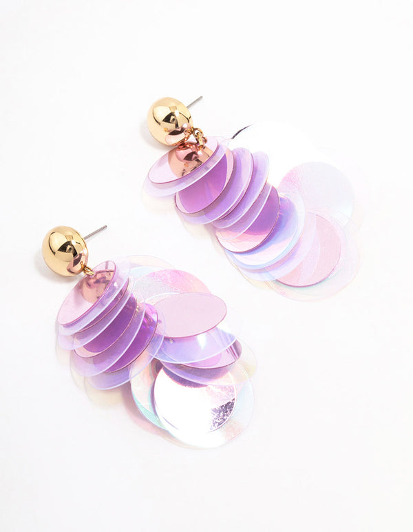 Gold & Purple Cluster Disc Drop Earrings