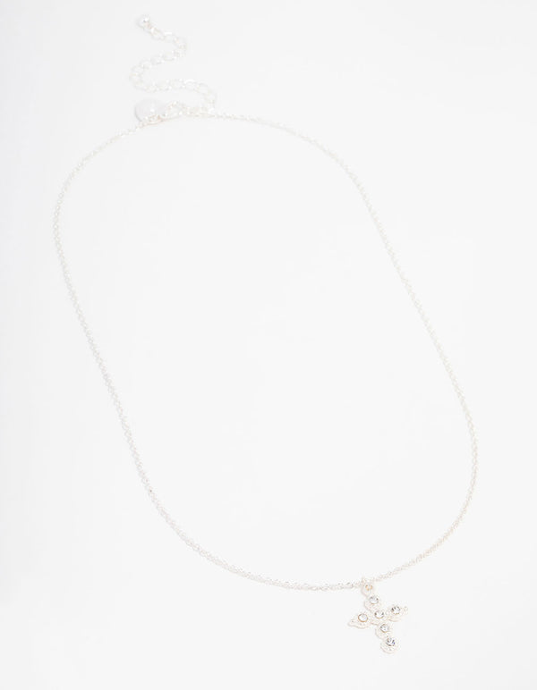 Silver Plated Diamante Round Cross Necklace
