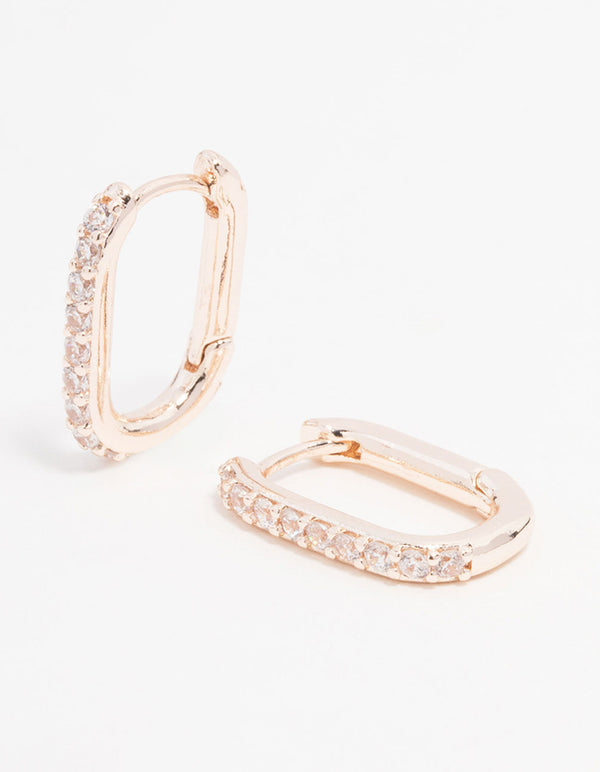 Rose Gold Plated Cubic Zirconia Pave Oval Hoop Earrings