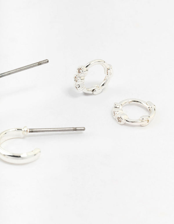 Silver Mixed Diamante Huggie Hoop Earrings 3-Pack