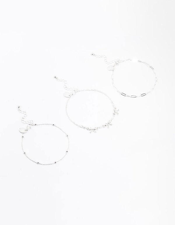 Silver Bow & Chain Mixed Anklets 3-Pack