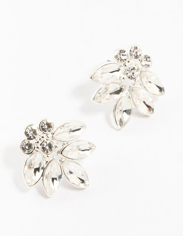 Silver Marquise Diamante Stones Stud Earrings