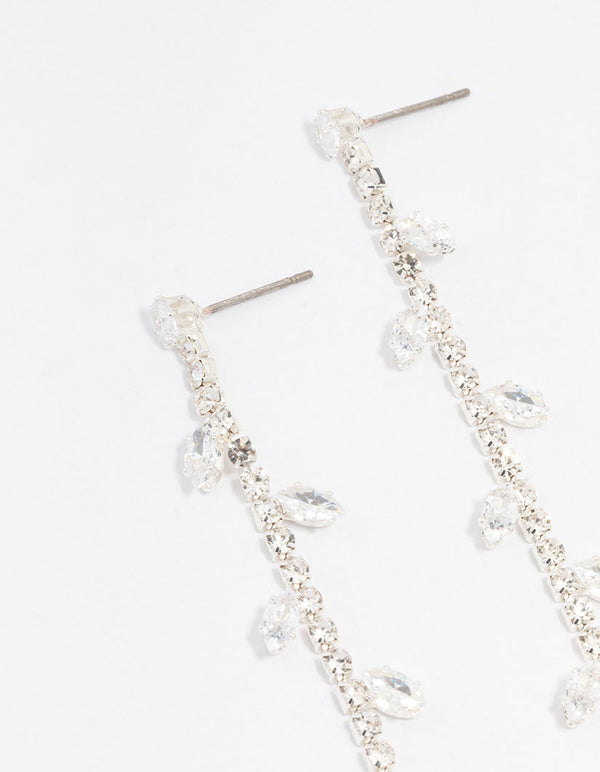 Silver Diamante Leaf Cup Chain Drop Earrings