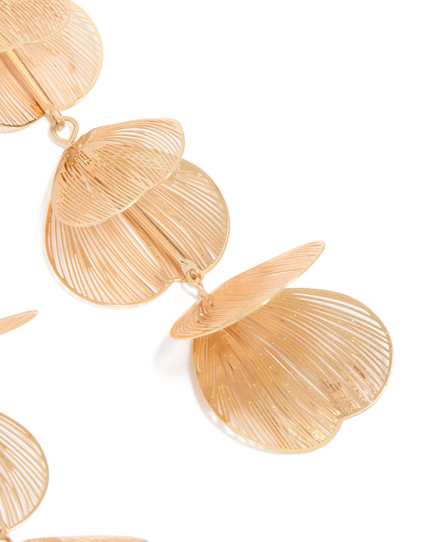 Highlighting gold lazercut petal drop earrings with intricate floral detailing post detail view