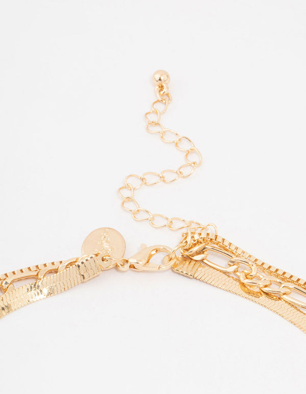 Gold Triple Row Snake Chain & Link Necklace