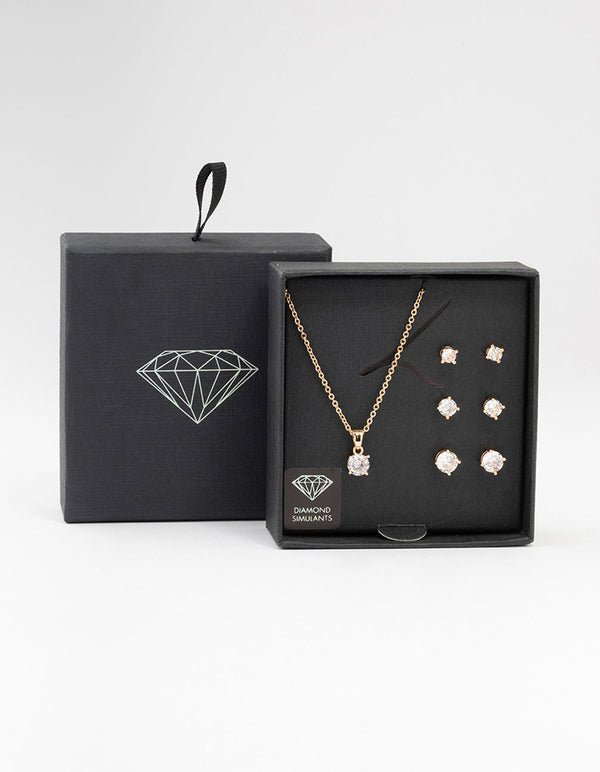 Gold Cubic Zirconia 6-Pack Stud Earrings & Necklace Set