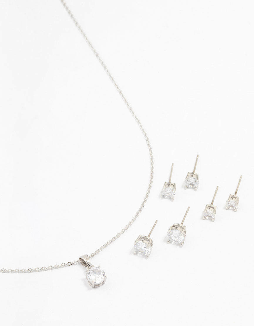 Silver Multiple Cubic Zirconia 6-Pack Stud Earrings & Necklace Set
