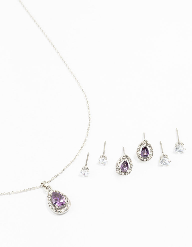 Silver Multiple Purple & Silver Pear Earring & Necklace Set