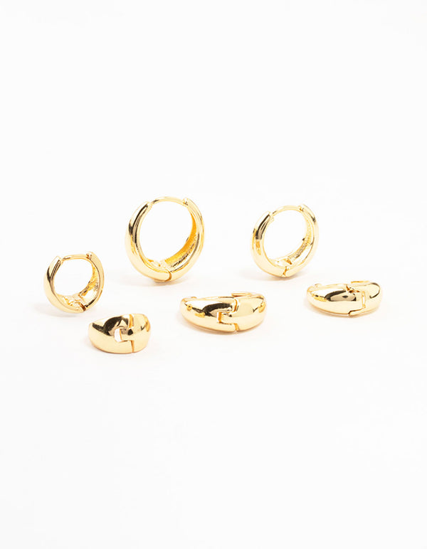 Classic Gold Plated Brass Chunky Hoop Earrings 3-Pack