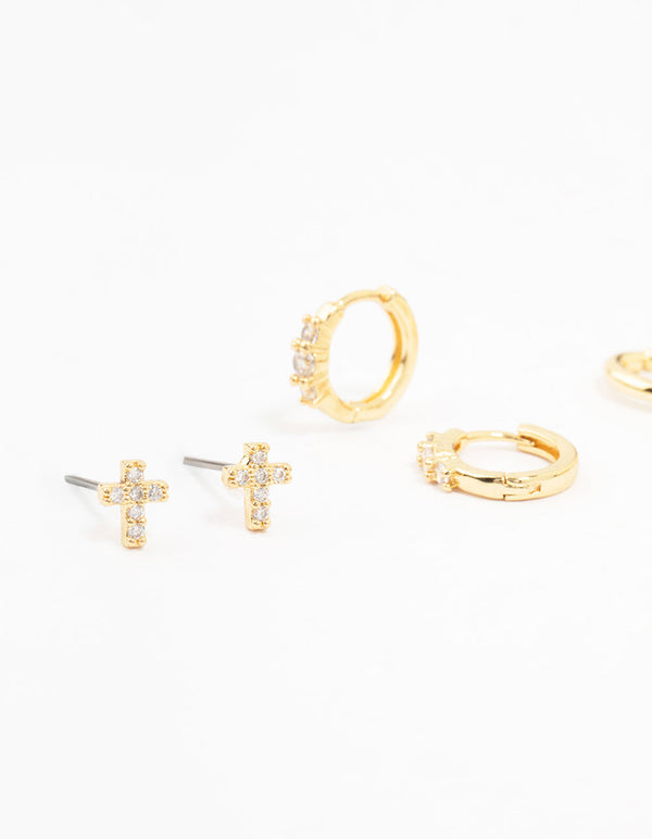 Gold Plated Brass Cross Stud & Chain Earrings 4-Pack