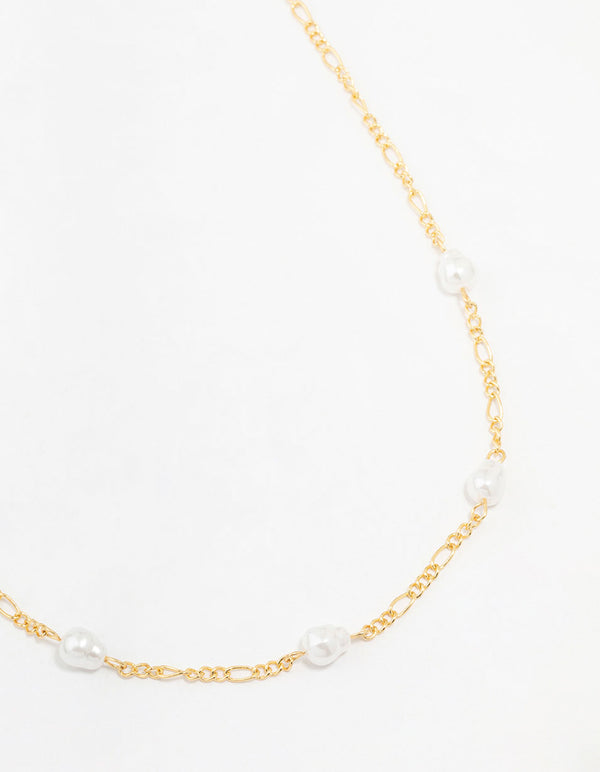 Gold Plated Brass Figaro Pearl Station Necklace