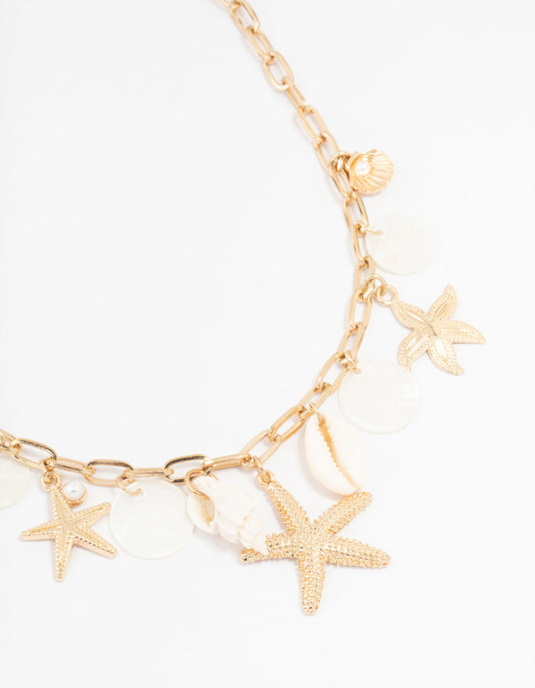 Gold Plated Genuine Shell & Stone Charm Necklace
