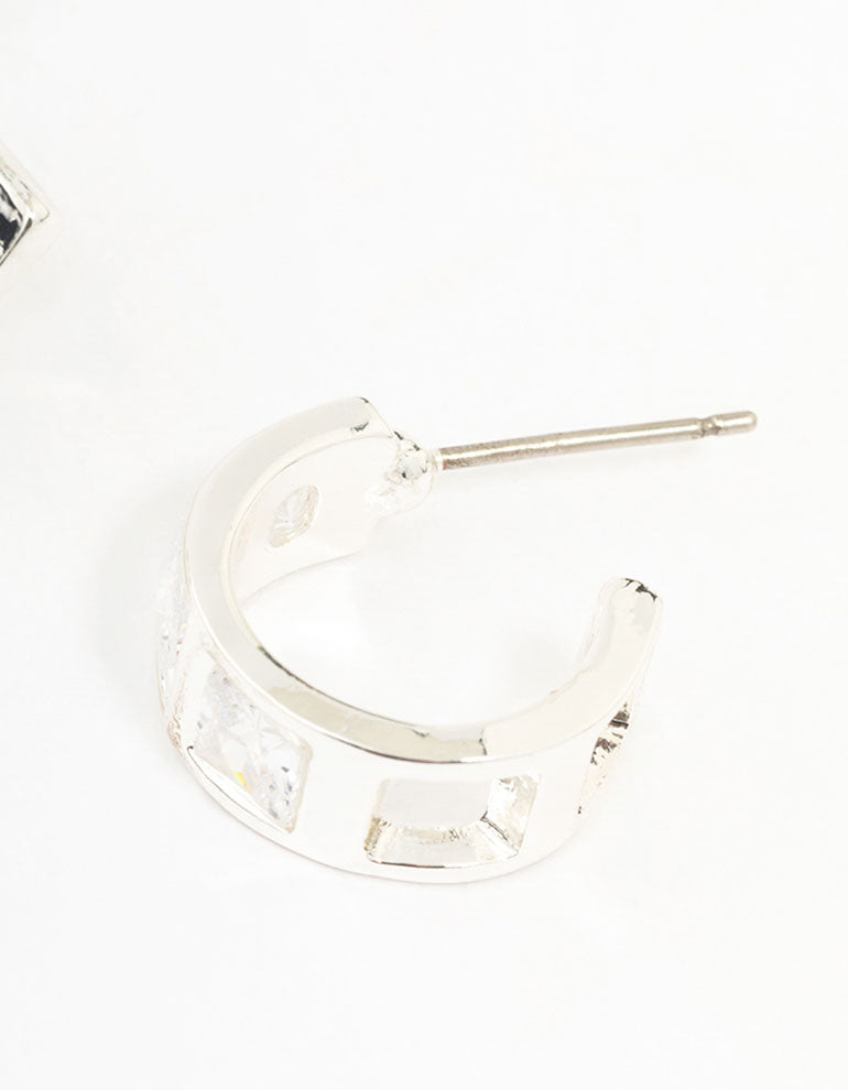 Silver Cubic Zirconia Square Chunky Hoop Earrings