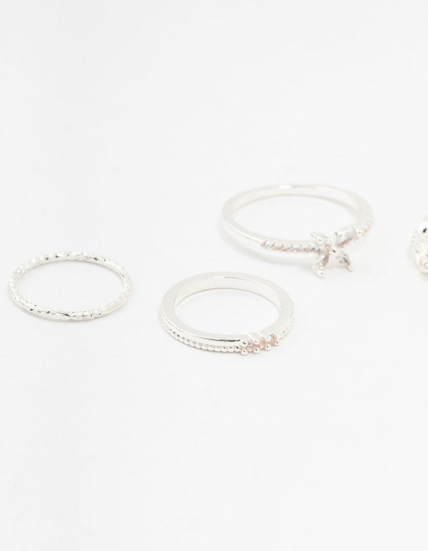 Silver Cubic Zirconia Butterfly Rings 5-Pack