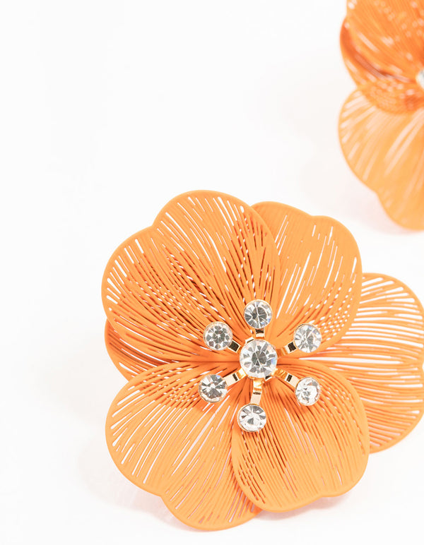 Orange Coated Textured Flower Diamante Stone Earrings