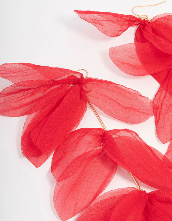 Red Chiffon Fabric Petal Leaf Drop Earrings