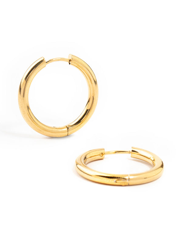 Showcasing waterproof gold plated stainless steel clicker hoop earrings in 24 MM gold front view