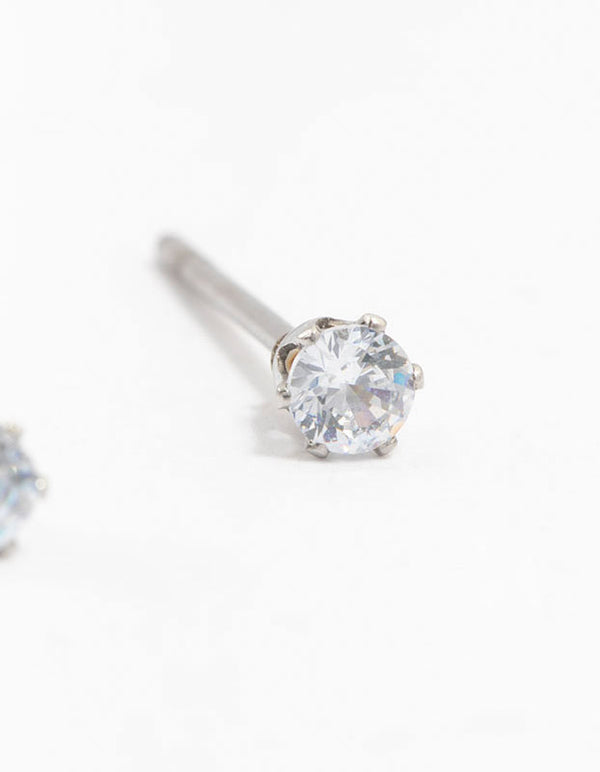 Refined waterproof stainless steel cubic zirconia stud earrings in silver featuring 3mm stones post detail view