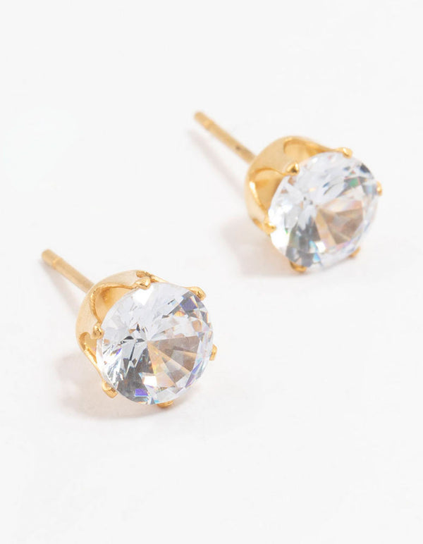 Waterproof Gold Plated Stainless Steel Cubic Zirconia Stud Earrings 7 MM