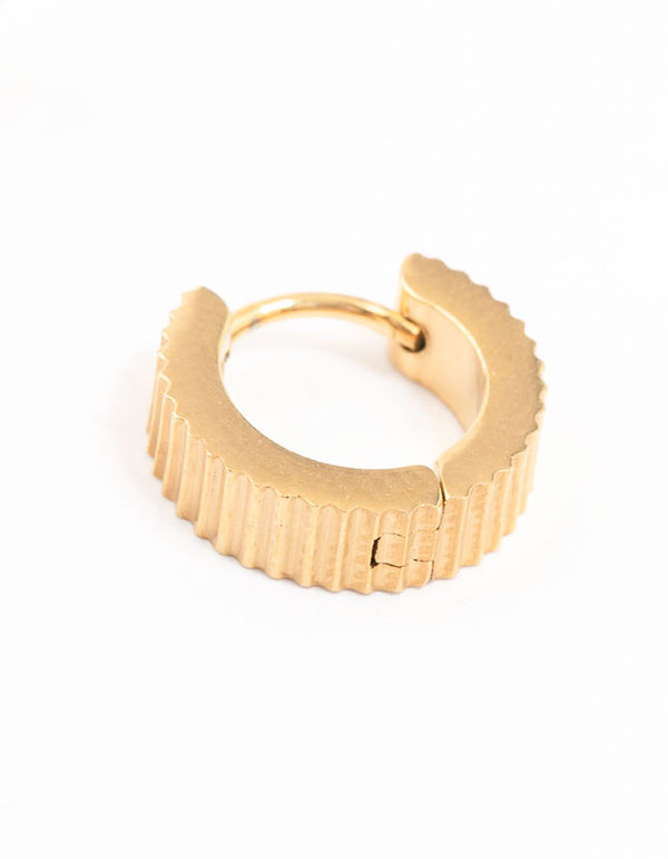Waterproof Gold Plated Stainless Steel Ribbed Wide Huggie Earrings