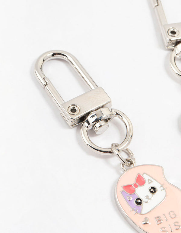 Kids Pink & Blue Sister Silver Keyrings