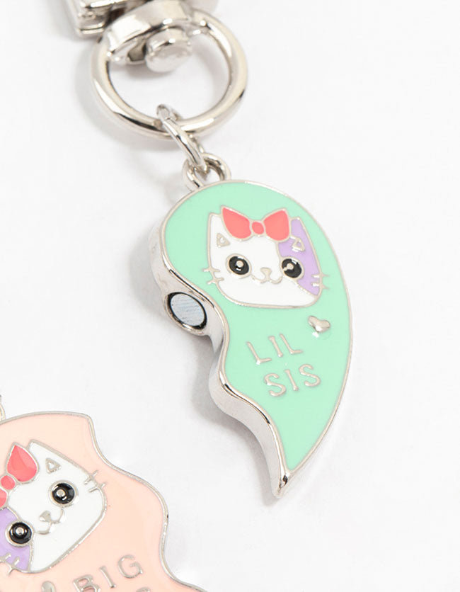Kids Pink & Blue Sister Silver Keyrings