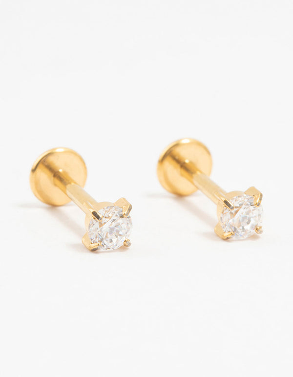 Gold Plated Titanium Cubic Zirconia Stud Flat Backs 2-Pack