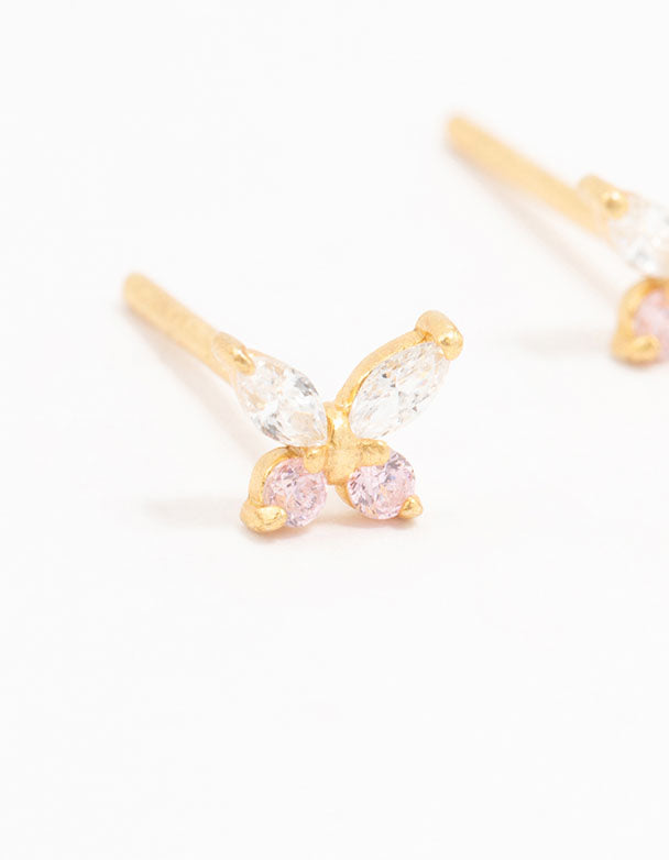 Gold Plated Sterling Silver Cubic Zirconia Butterfly Stud Earrings